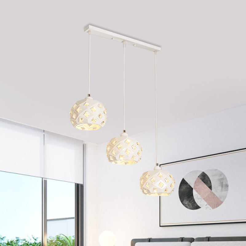 Modernist Iron Drum Multiple Hanging Lamp with Down Lighting - White Finish, Crystal Accents, 3 Lights