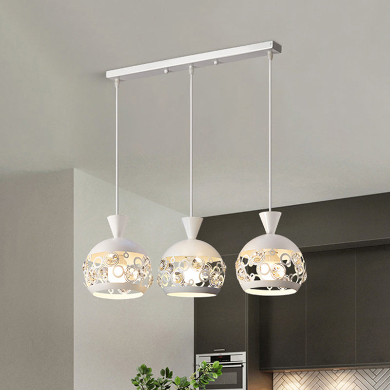 Modern Crystal Embedded Pendant Lamp - White Finish Multi Ceiling Light With Domed Design 3 Heads