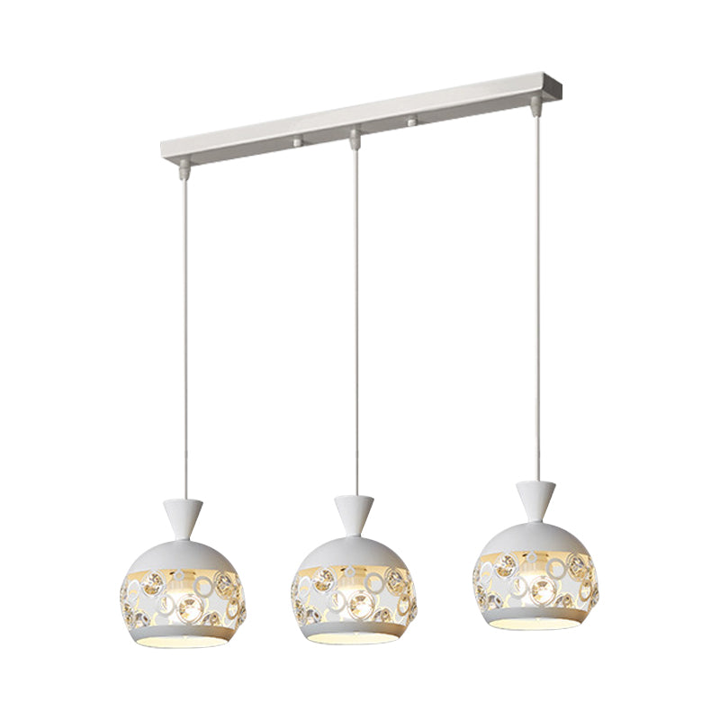 Modern Crystal Embedded Pendant Lamp - White Finish Multi Ceiling Light With Domed Design 3 Heads