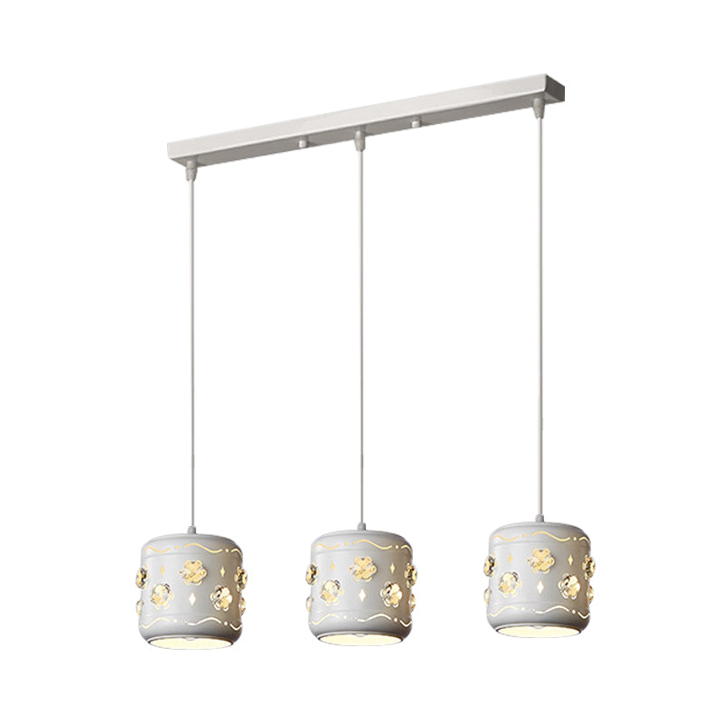 Modern Small Drum Crystal Pendant with 3 White Bulbs - Flower Cluster Ceiling Light