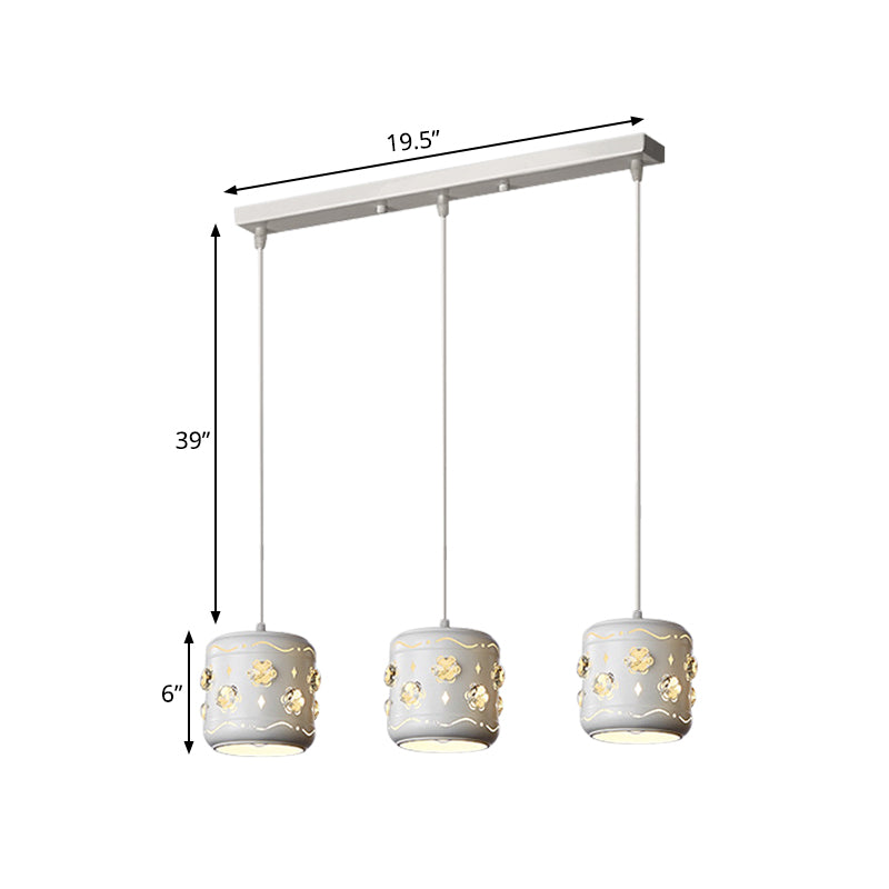 Modern Small Drum Crystal Pendant with 3 White Bulbs - Flower Cluster Ceiling Light
