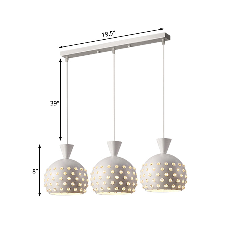 Minimalist Metal Pendant With Crystal Bead Decor - 3 Headed Domed Restaurant Lamp