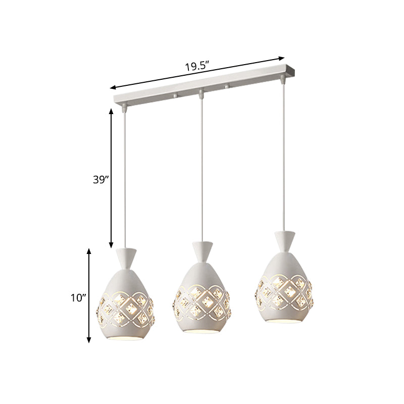 Modern 3-Bulb Wine Can Suspension Light - White Finish Iron Multi-Ceiling Lamp With Crystal Accent