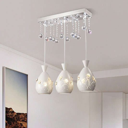 Modern 3-Light White Ceiling Lamp with Crystal Droplet and Hollow-Out Floret Design