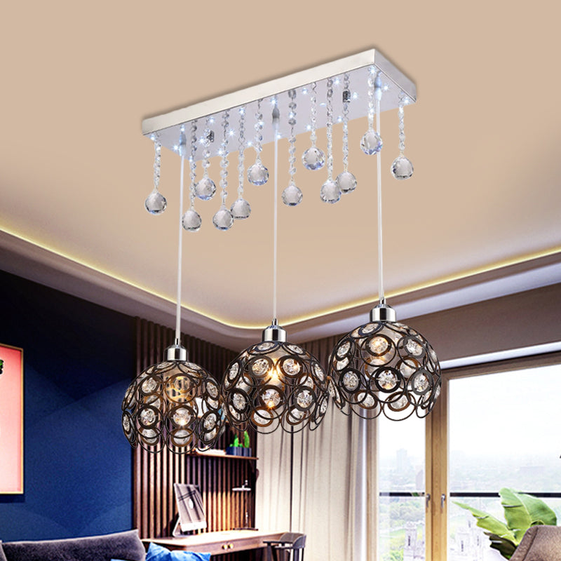 Minimal 3-Head Black Pendant Light with Crystal Embellishments and Global Suspension