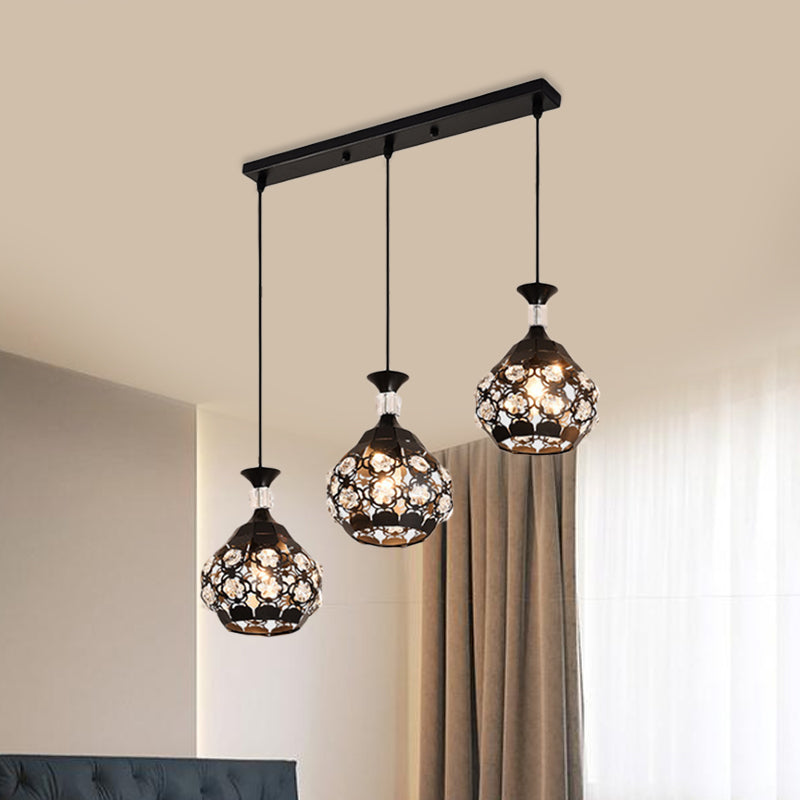 Modern Black Onion Suspension Light with Crystal Encrusted Cluster and 3 Bulbs