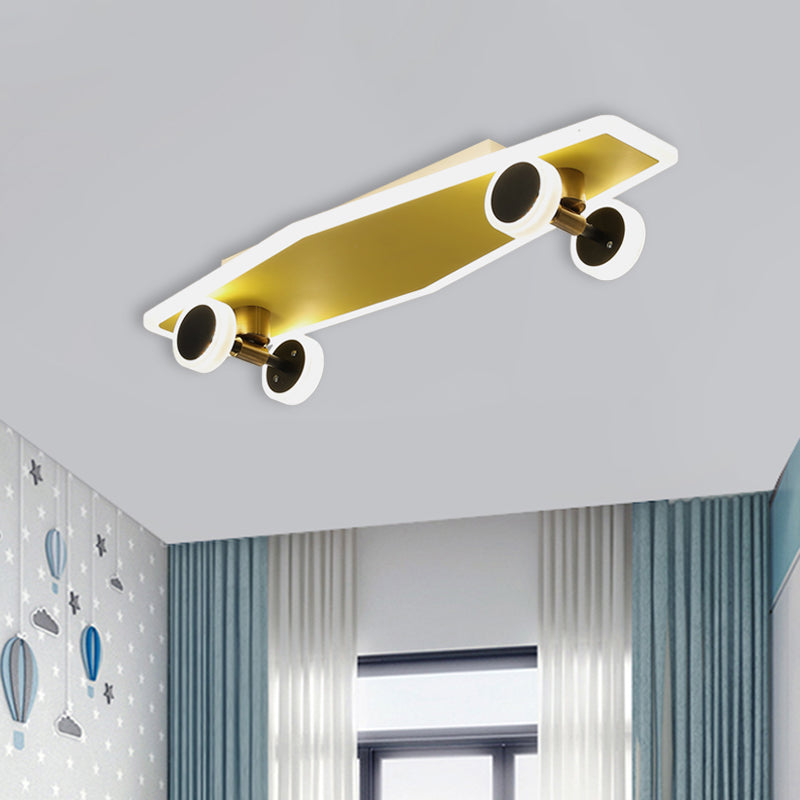 Kid's LED Gold Skateboard Ceiling Light for Boys Bedroom - Acrylic Flush Mount Fixture