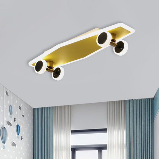Kid's LED Gold Skateboard Ceiling Light for Boys Bedroom - Acrylic Flush Mount Fixture