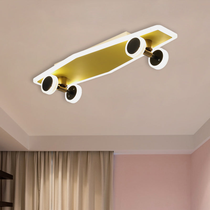 Kid's LED Gold Skateboard Ceiling Light for Boys Bedroom - Acrylic Flush Mount Fixture