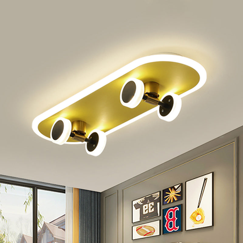 Kid's LED Gold Skateboard Ceiling Light for Boys Bedroom - Acrylic Flush Mount Fixture