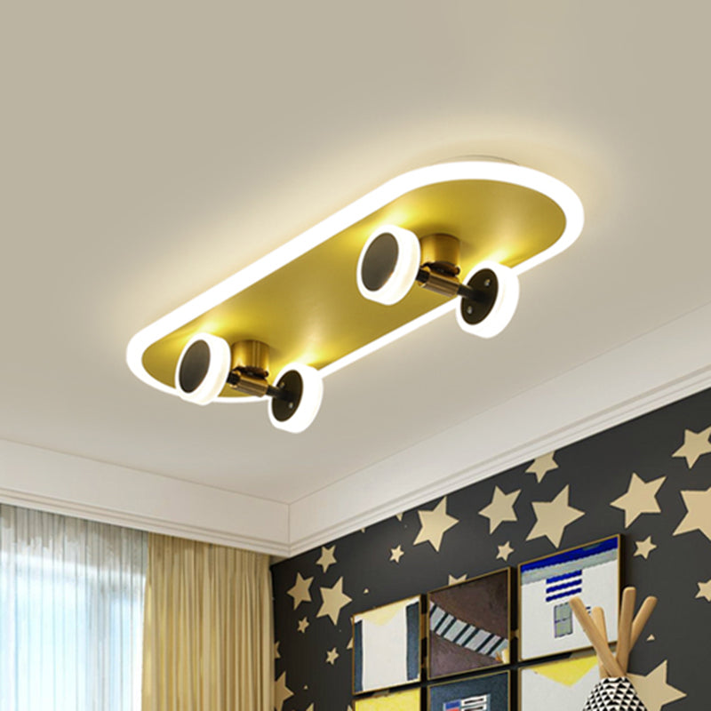 Kid's LED Gold Skateboard Ceiling Light for Boys Bedroom - Acrylic Flush Mount Fixture