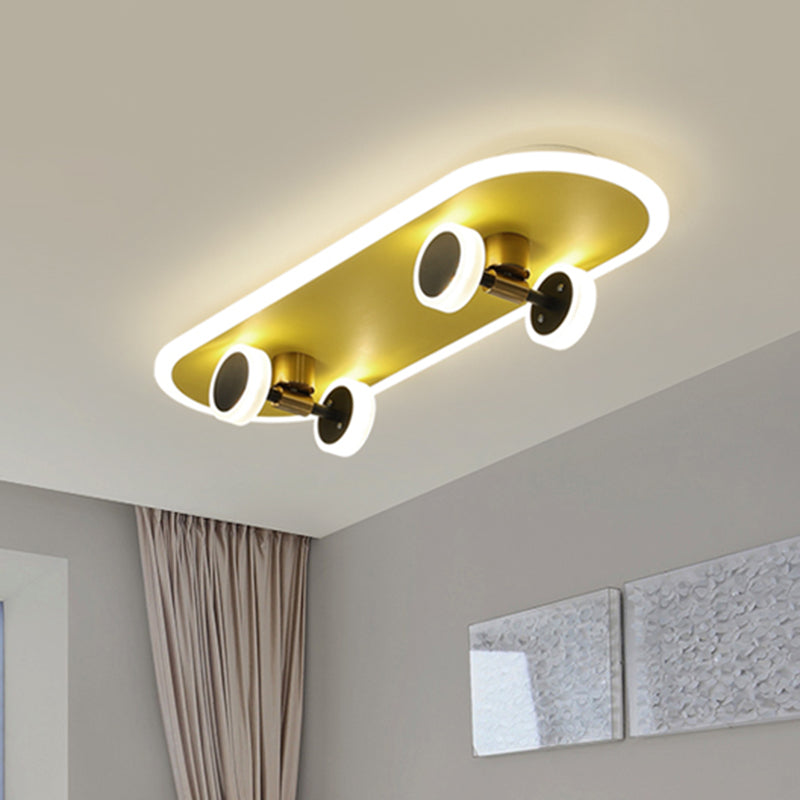 Kid's LED Gold Skateboard Ceiling Light for Boys Bedroom - Acrylic Flush Mount Fixture