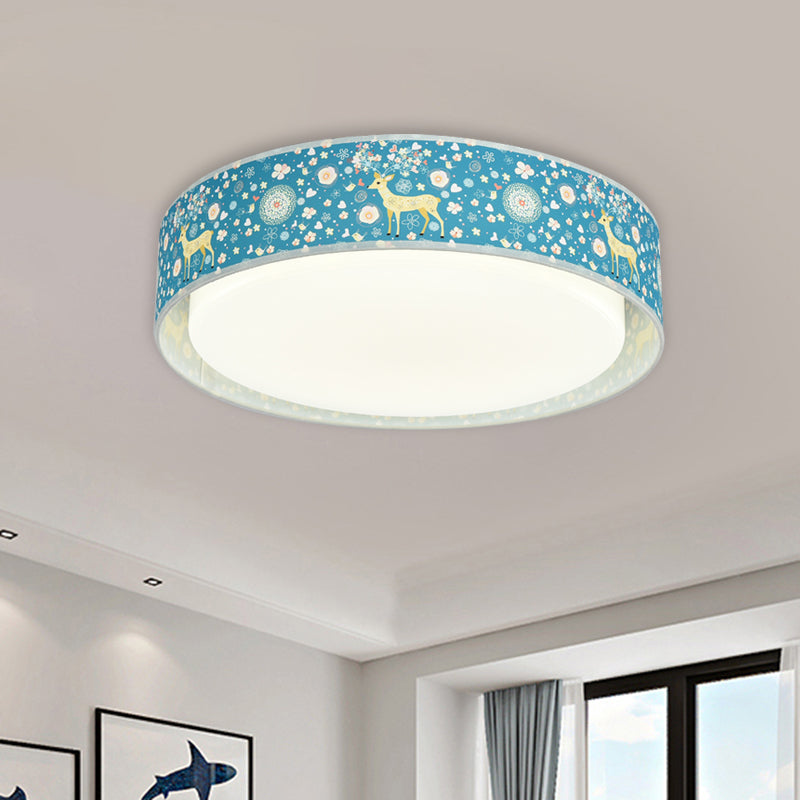 Cartoon LED Metal Flush Mount Light with Animal Pattern for Bedroom - Beige/Blue Drum Flush Lighting