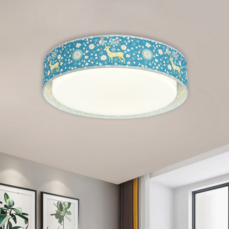 Cartoon LED Metal Flush Mount Light with Animal Pattern for Bedroom - Beige/Blue Drum Flush Lighting