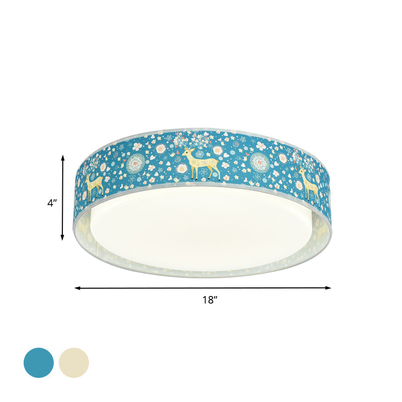 Cartoon LED Metal Flush Mount Light with Animal Pattern for Bedroom - Beige/Blue Drum Flush Lighting