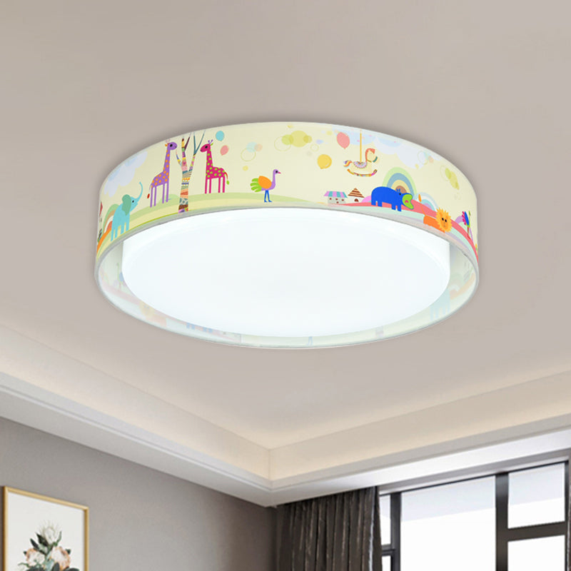 Cartoon LED Metal Flush Mount Light with Animal Pattern for Bedroom - Beige/Blue Drum Flush Lighting