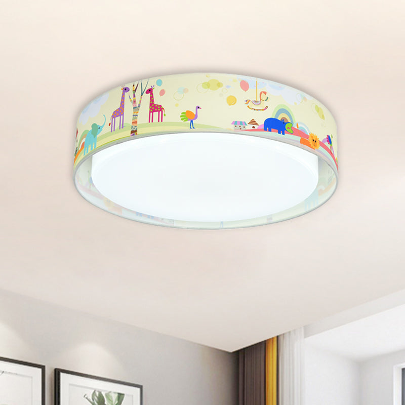 Cartoon LED Metal Flush Mount Light with Animal Pattern for Bedroom - Beige/Blue Drum Flush Lighting