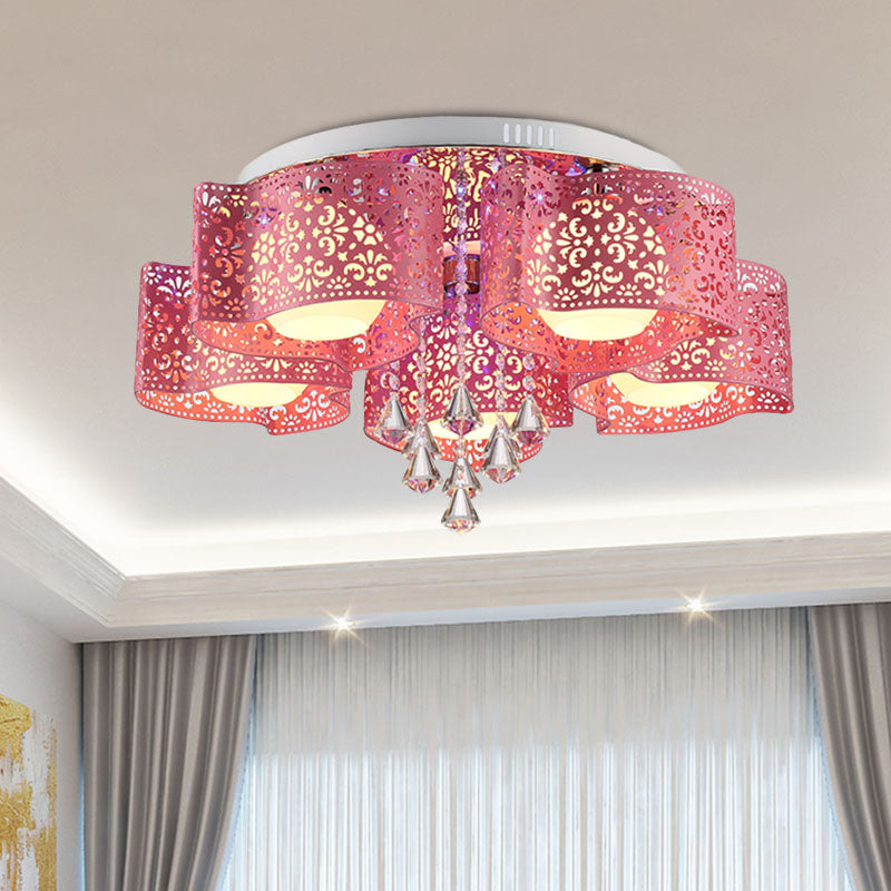 Contemporary Metallic Windmill Flushmount Light with Orb Frosted Glass Shade - Rose Red Finish (3/5-Head)