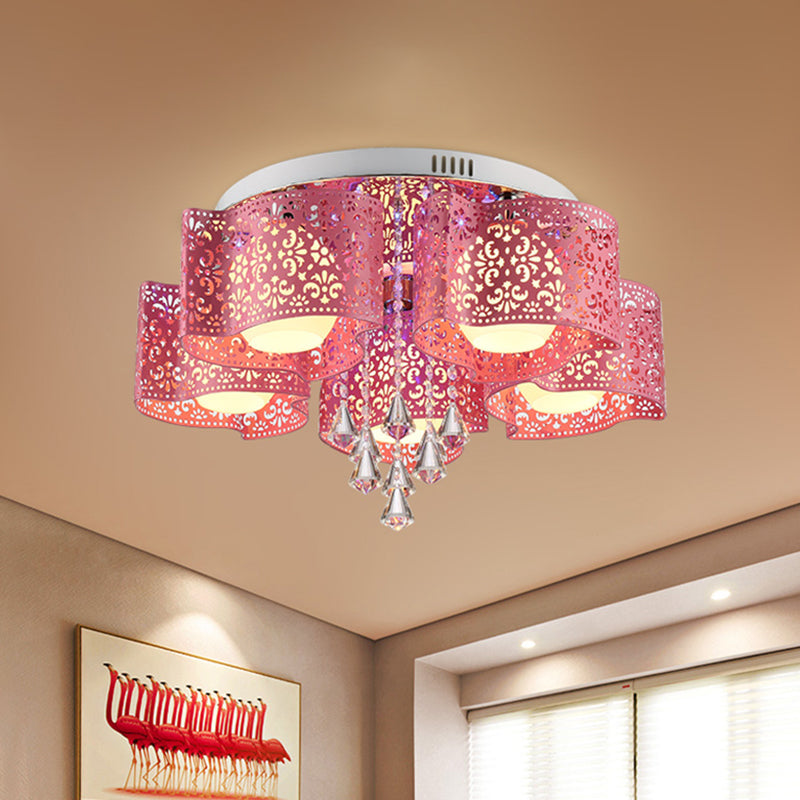 Contemporary Metallic Windmill Flushmount Light With Orb Frosted Glass Shade - Rose Red Finish