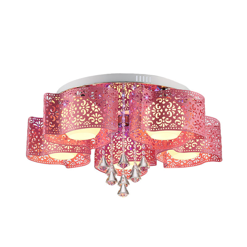 Contemporary Metallic Windmill Flushmount Light with Orb Frosted Glass Shade - Rose Red Finish (3/5-Head)