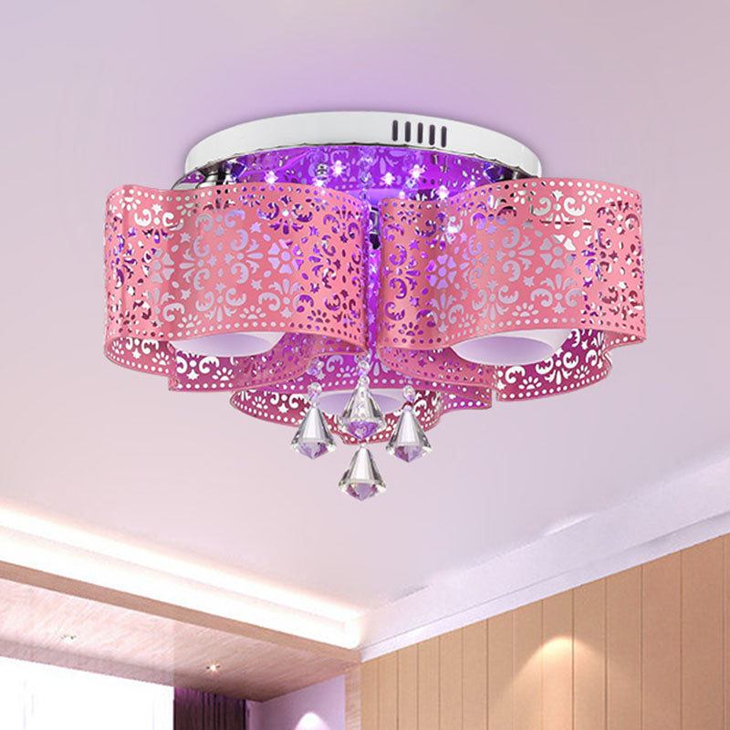 Contemporary Metallic Windmill Flushmount Light With Orb Frosted Glass Shade - Rose Red Finish