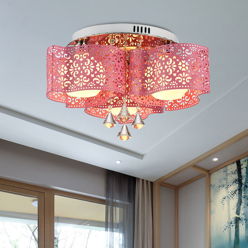 Contemporary Metallic Windmill Flushmount Light with Orb Frosted Glass Shade - Rose Red Finish (3/5-Head)
