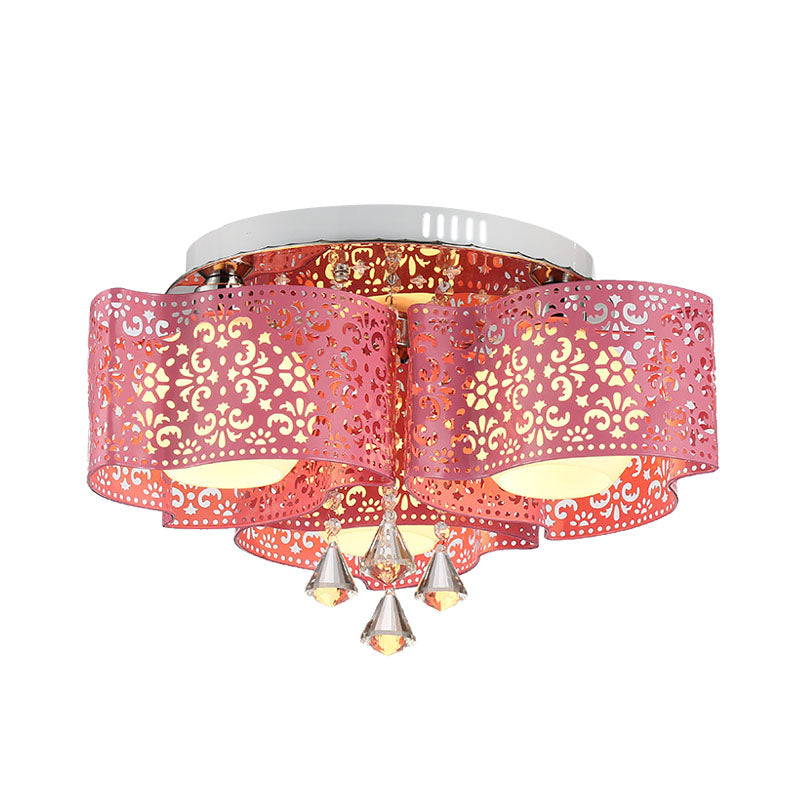 Contemporary Metallic Windmill Flushmount Light with Orb Frosted Glass Shade - Rose Red Finish (3/5-Head)