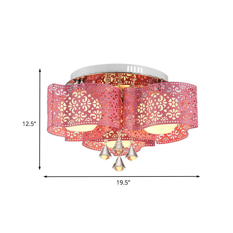 Contemporary Metallic Windmill Flushmount Light with Orb Frosted Glass Shade - Rose Red Finish (3/5-Head)