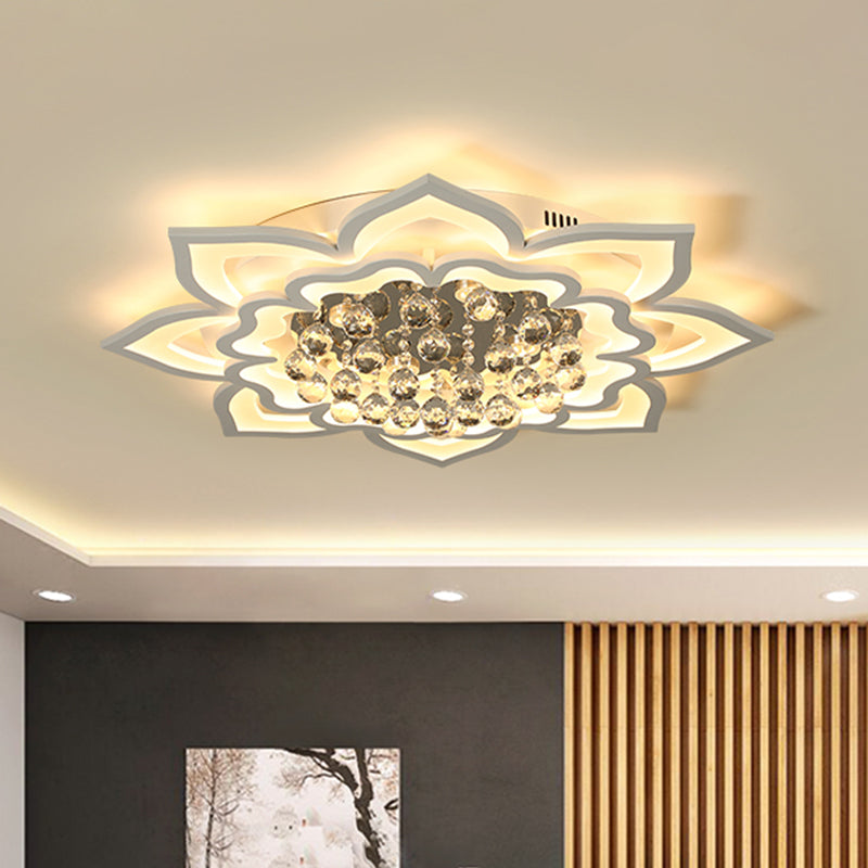 Contemporary Acrylic Flower Flush Light with LED, Crystal Droplets - White