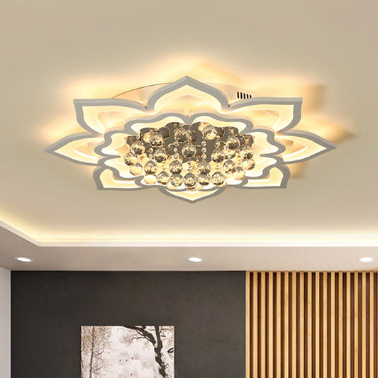 Contemporary Acrylic Flower Flush Light with LED, Crystal Droplets - White