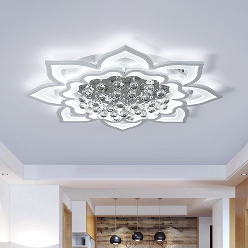 Contemporary Acrylic Flower Flush Light with LED, Crystal Droplets - White
