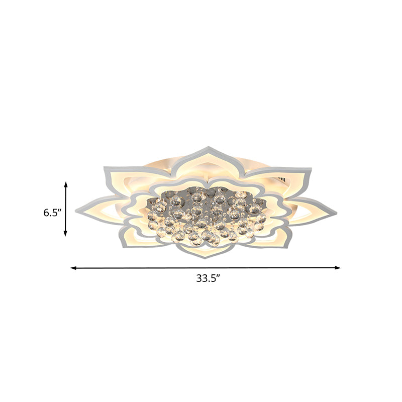 Contemporary Acrylic Flower Flush Light with LED, Crystal Droplets - White
