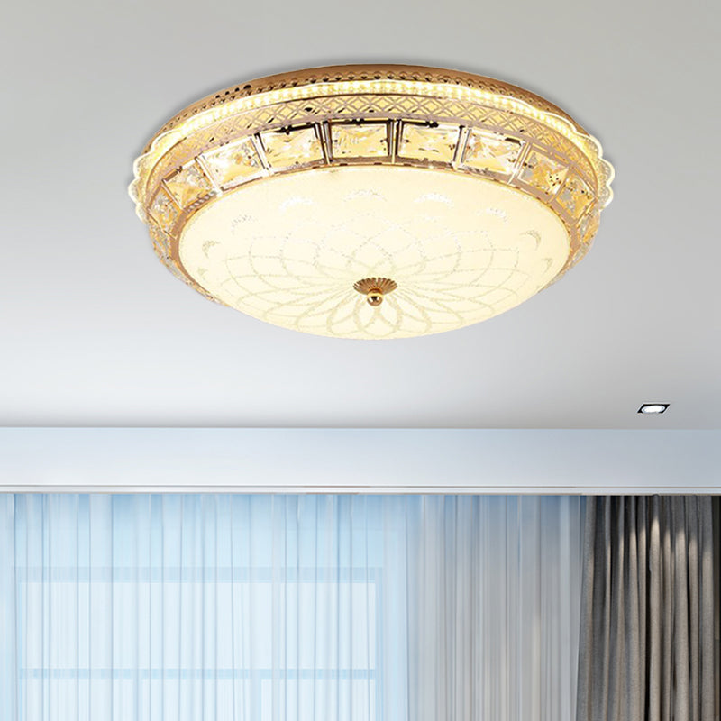 Modern Gold Flush LED Ceiling Light with Crystal Accents, Dome White Glass Shade - Ideal for Bedroom