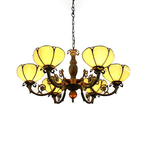 Vintage Tiffany Beige Glass Chandelier: 6-Light Floral Lamp for Living Room Lighting
