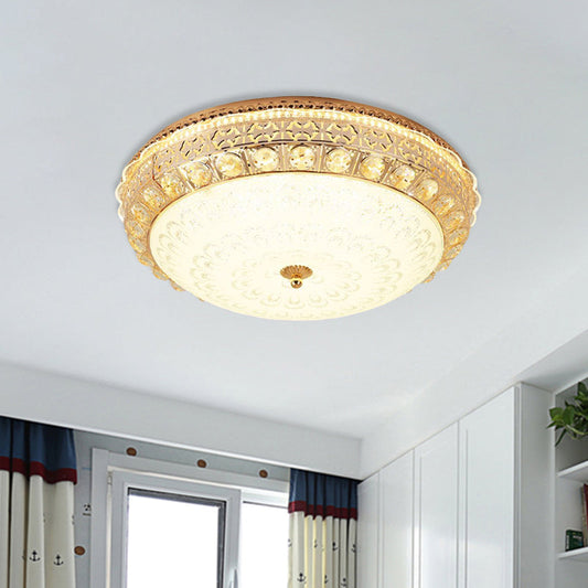 Modern Gold Finish Flush Mount Ceiling Light with Crystal Block Accents - LED Round Flush Lamp