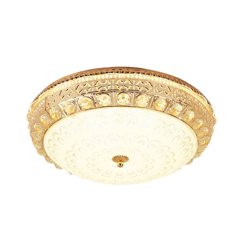 Modern Gold Finish Flush Mount Ceiling Light with Crystal Block Accents - LED Round Flush Lamp