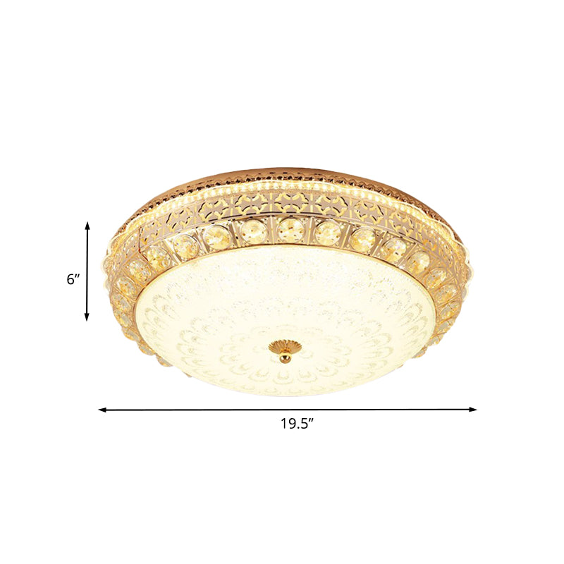 Modern Gold Finish Flush Mount Ceiling Light with Crystal Block Accents - LED Round Flush Lamp