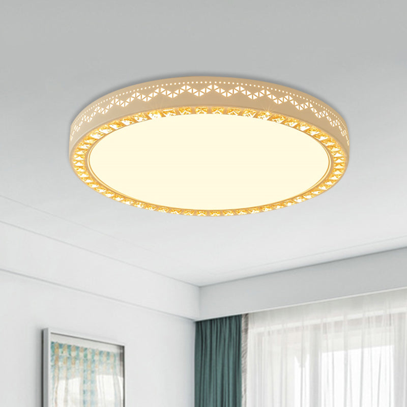Metal Flat Drum Flush LED Flush Mount Lamp Fixture in White with Crystal Accent