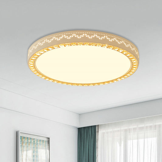Metal Flat Drum Flush LED Flush Mount Lamp Fixture in White with Crystal Accent
