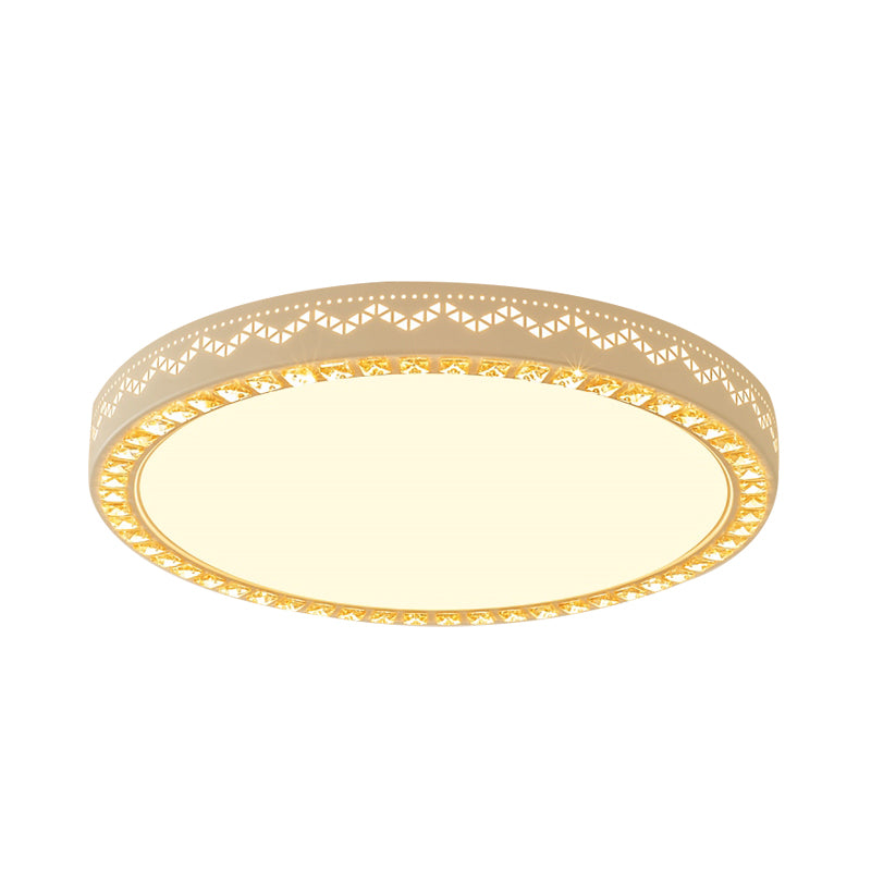 Metal Flat Drum Flush LED Flush Mount Lamp Fixture in White with Crystal Accent