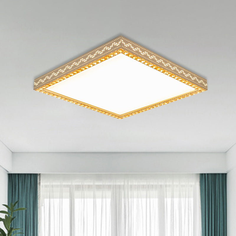 Minimalistic LED White Flush Ceiling Light with Crystal Block Deco - Metallic Finish