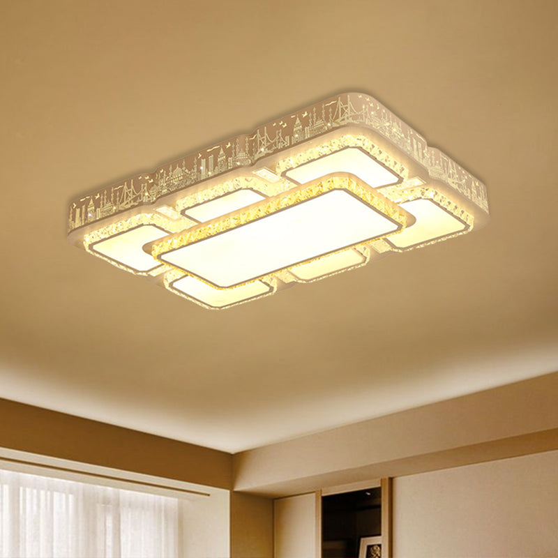 Modern LED Crystal Flush Mount Lamp: White Rectangular Design with Laser-Cut City Pattern