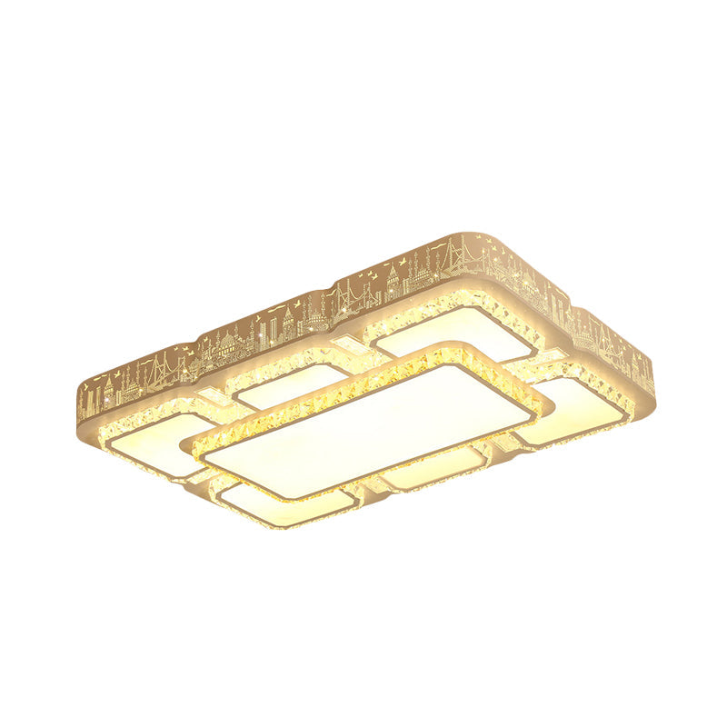 Modern LED Crystal Flush Mount Lamp: White Rectangular Design with Laser-Cut City Pattern