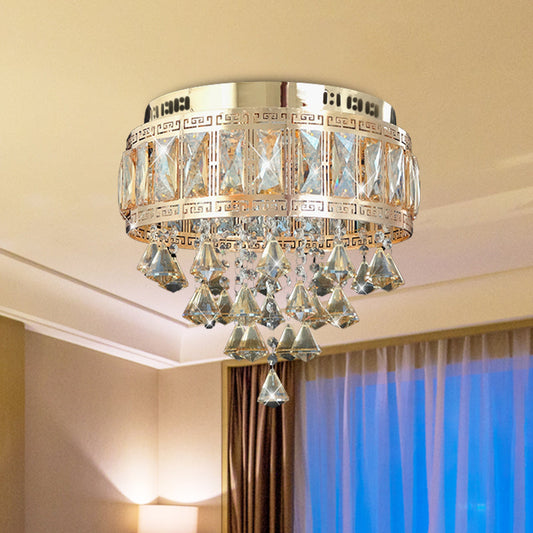 Contemporary Diamond Crystal Flush Lamp Fixture - Drum Shape, 4 Lights, Gold