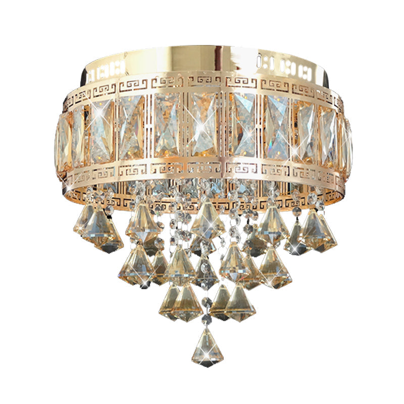 Contemporary Diamond Crystal Flush Lamp Fixture - Drum Shape, 4 Lights, Gold