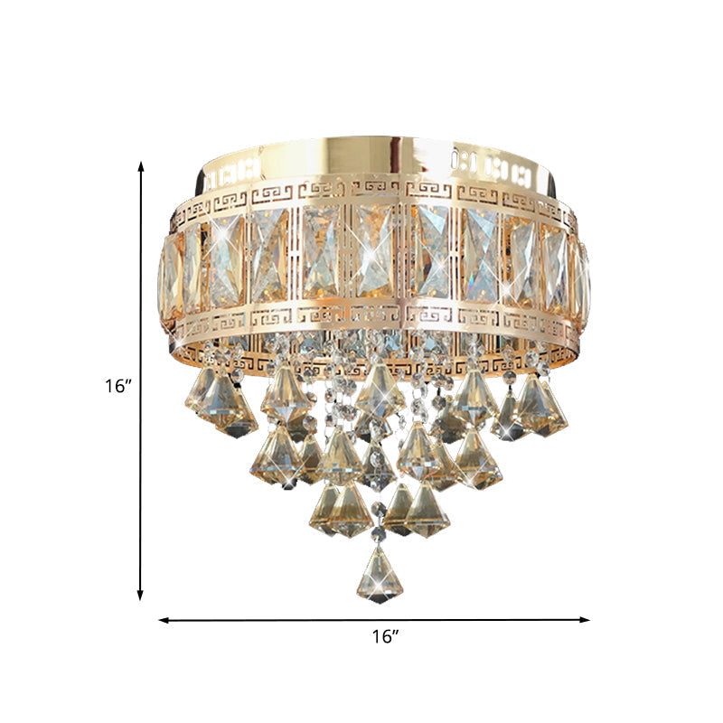Contemporary Diamond Crystal Flush Lamp Fixture - Drum Shape, 4 Lights, Gold
