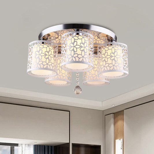 Hollow-Out Cylinder Ceiling Flush Mount with White Finish and Cream Glass Shade - Modern 5-Head Design