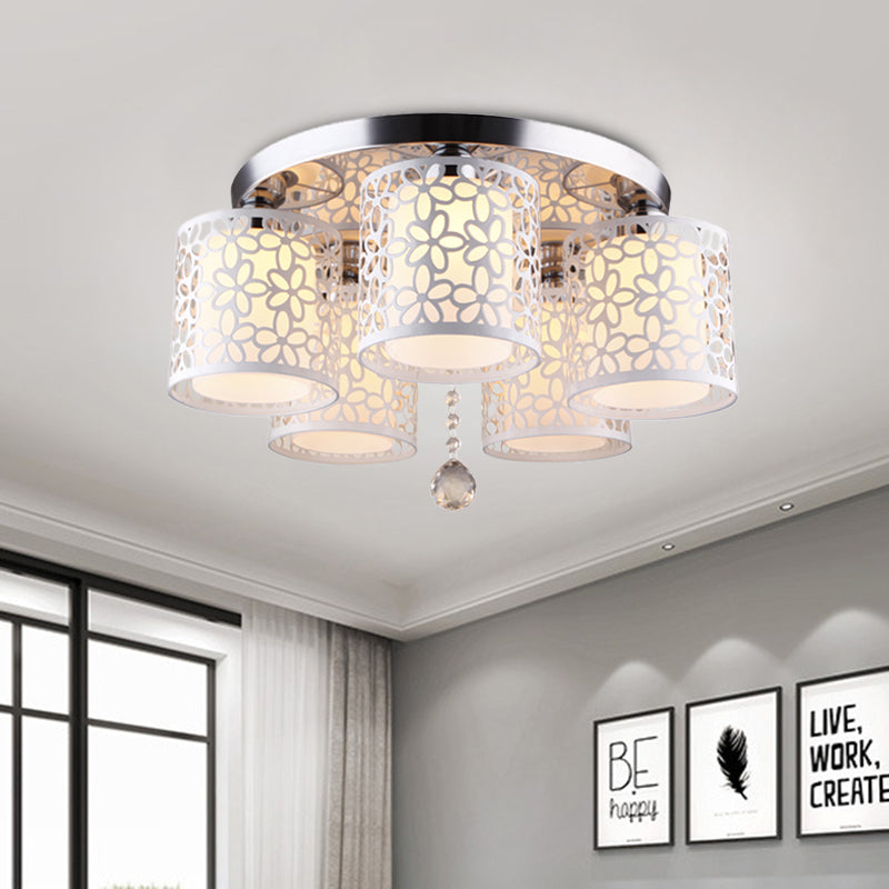 Hollow-Out Cylinder Ceiling Flush Mount with White Finish and Cream Glass Shade - Modern 5-Head Design
