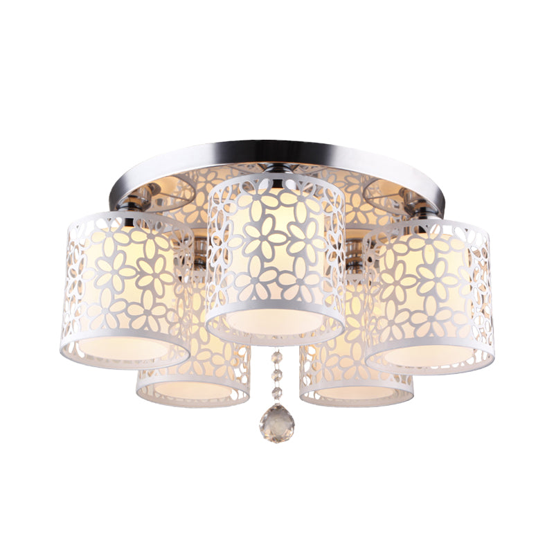 Hollow-Out Cylinder Ceiling Flush Mount with White Finish and Cream Glass Shade - Modern 5-Head Design