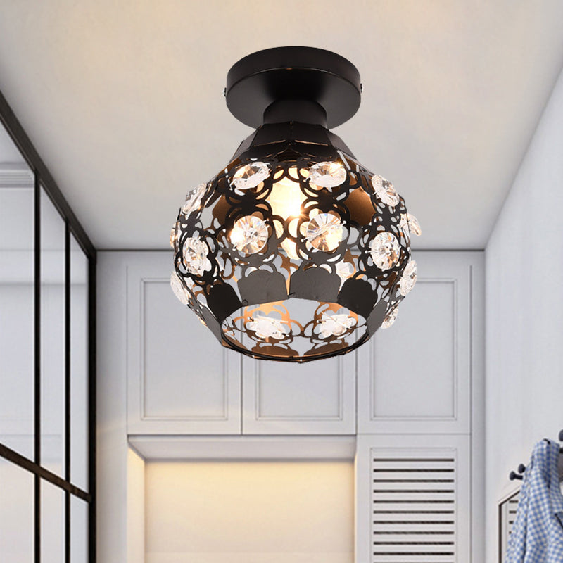 Modern Crystal Flush Lamp: Globe Flush Lighting with Black Finish, Perfect for Corridors